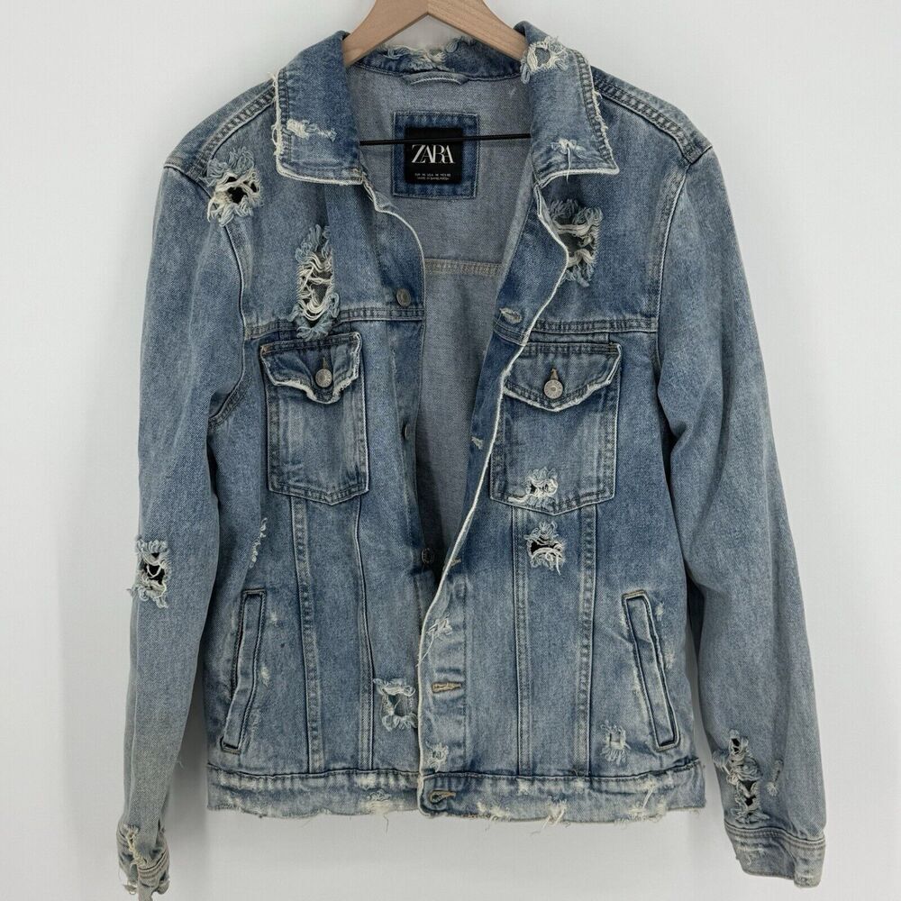 Zara Ripped Blue Denim jacket Heavy Distressed Size Medium Women’s